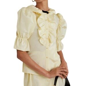 Batsheva Lou Faux Pearl-Embellished Ruffled Moire Blouse